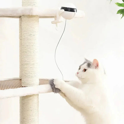 Electric automatic lifting cat ball toy in grey, white, and black colours, designed to captivate and entertain cats with its engaging puzzle features.