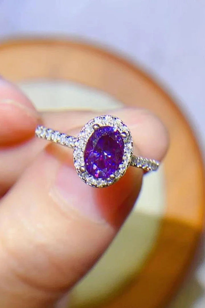 Sophisticated 1 carat purple moissanite ring in 925 sterling silver, featuring a minimalist design and sparkling zircon accents