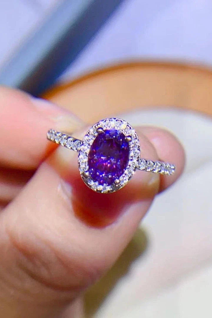 Sophisticated 1 carat purple moissanite ring in 925 sterling silver, featuring a minimalist design and sparkling zircon accents