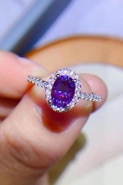 Sophisticated 1 carat purple moissanite ring in 925 sterling silver, featuring a minimalist design and sparkling zircon accents