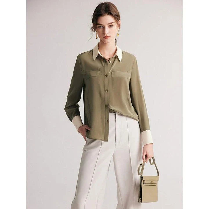Sophisticated 100% Mulberry silk crepe de chine dress shirt for stylish women in the UK, offering elegance, comfort and versatility.