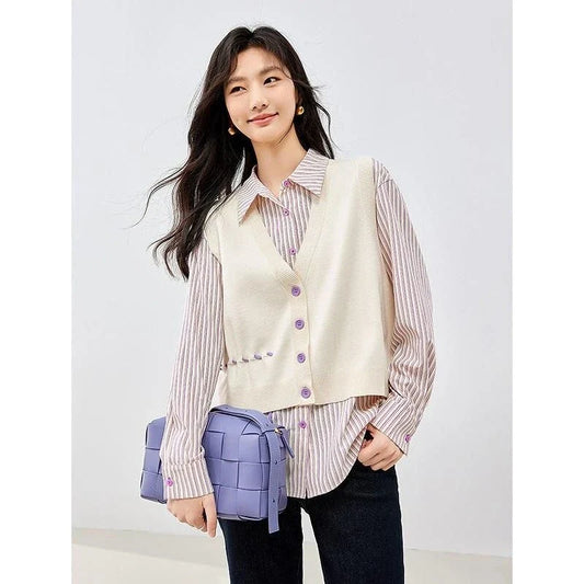 Autumn Polo Neck Blouse and Knitted Vest Set with Stripe Pattern and Button Detailing