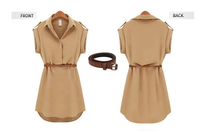 Women's V-Neck Chiffon Mini Dress in Khaki and Navy Blue with Short Sleeves and Cinched Waist