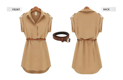 Women's V-Neck Chiffon Mini Dress in Khaki and Navy Blue with Short Sleeves and Cinched Waist
