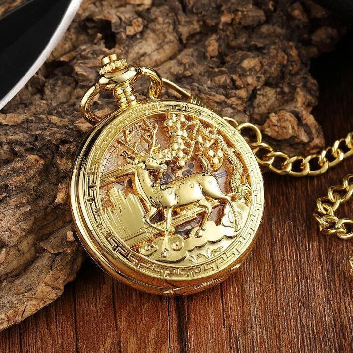 Exquisite gold-toned vintage-style pocket watch necklace with a mechanical movement and sturdy chain