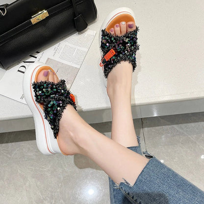 Premium black sequin sponge cake wedge sandals with a fashionable fish-mouth toe design and thick, supportive rubber sole