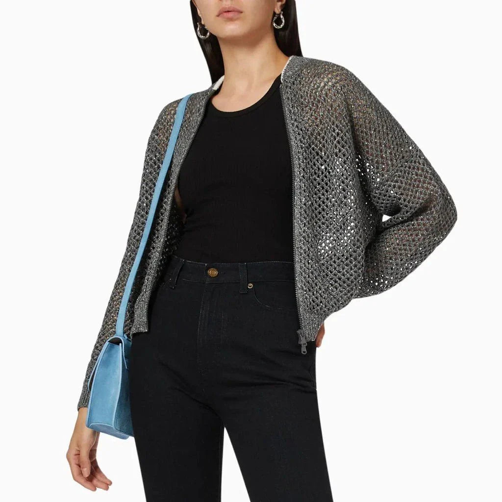 Elegant sequin-embellished linen blend knit top with O-neck collar and long sleeves