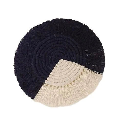 Elegant Boho Macrame Coaster in Timeless White, featuring a unique and artisanal design that adds a touch of rustic charm to any living space.