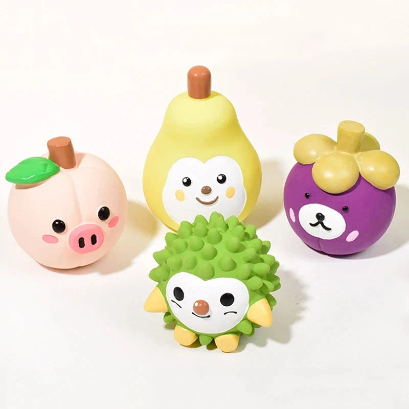 Colourful fruit-shaped squeaky dog toy made of durable, chew-resistant latex material