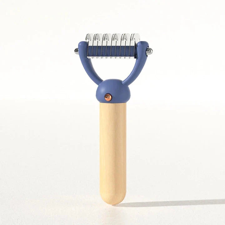 Double-sided pet hair comb with stainless steel blades and ergonomic wooden handle for effective grooming