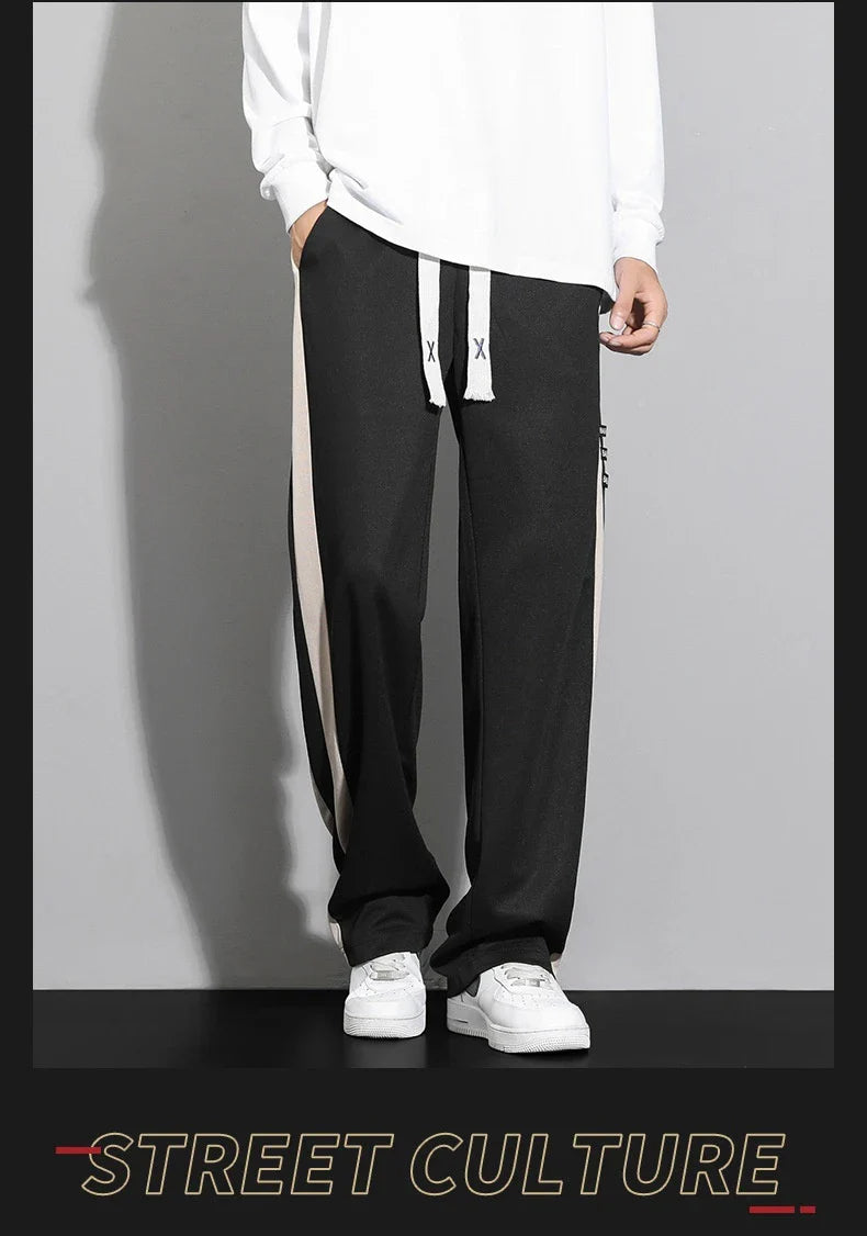 Comfortable striped straight-leg casual trousers in various colours and sizes