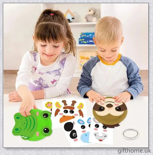 Colourful animal paper plate craft kit with various 3D paper plate animals