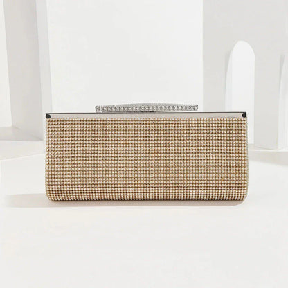 Glamorous gold rhinestone evening clutch with elegant chain and diamond decorations, perfect for UK special occasions