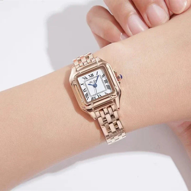 Elegant square quartz watch with a fine steel band, featuring a minimalist design and precise timekeeping.