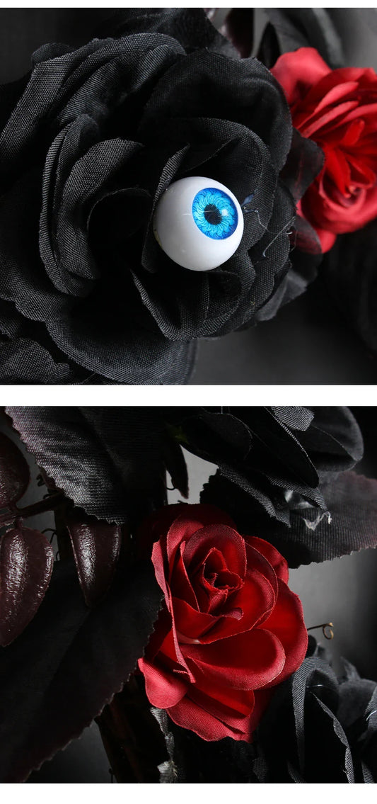 Artificial Halloween rose eyeball garland decoration with lifelike eyeballs and feathery rose blooms