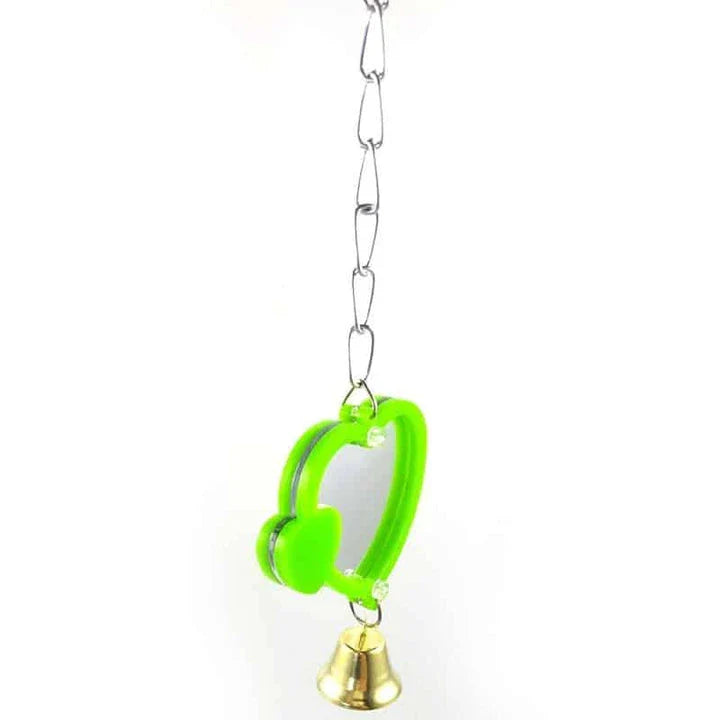 Heart-shaped mirror designed for birds, featuring a reflective surface and sturdy acrylic-metal construction for a captivating visual experience.