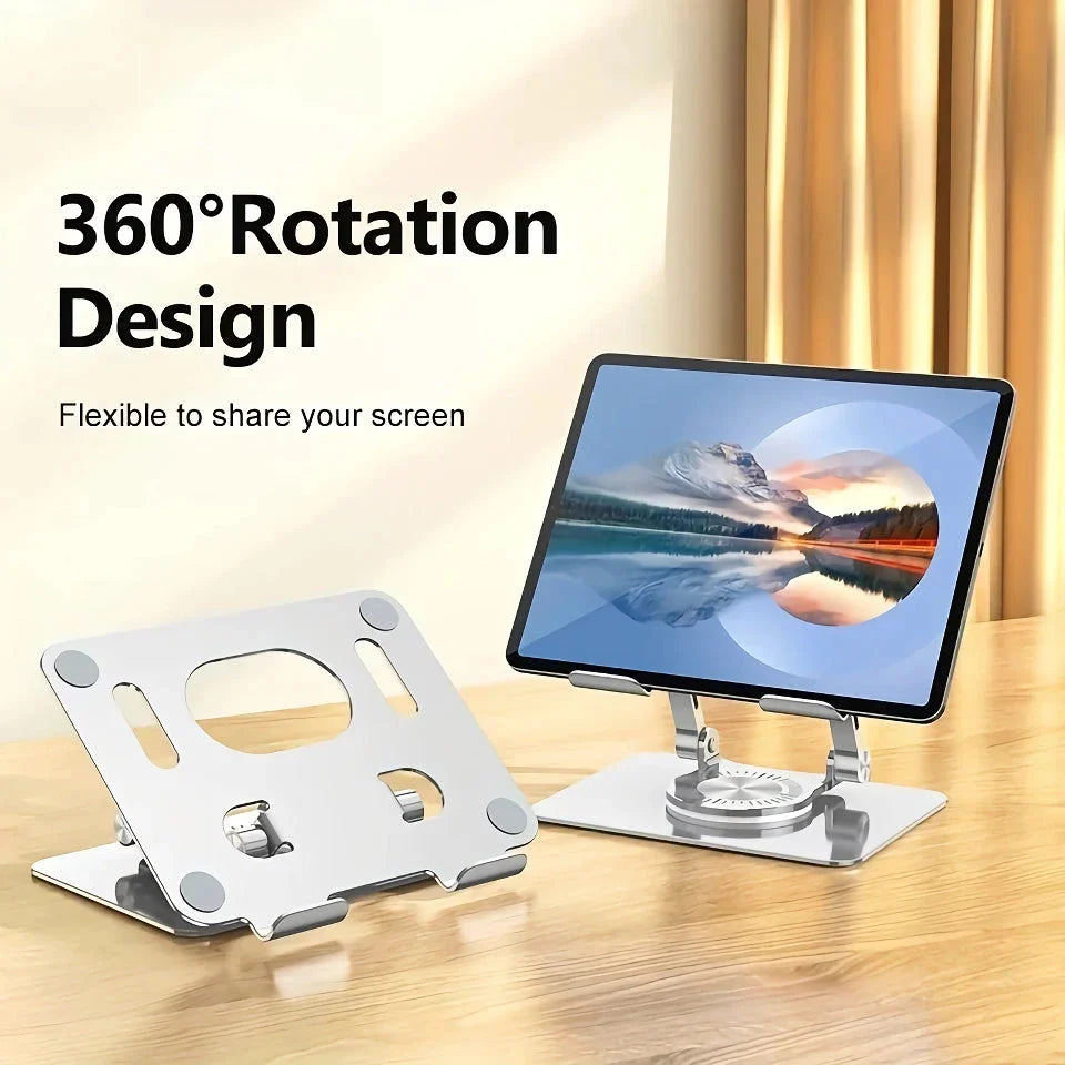 Premium Adjustable 360° Rotating Tablet and Phone Stand made of durable aluminium alloy, foldable for easy travel