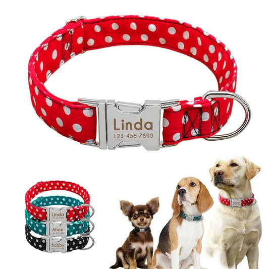Premium polka dot dog collar made of durable nylon, adjustable for a comfortable fit on dogs of all sizes