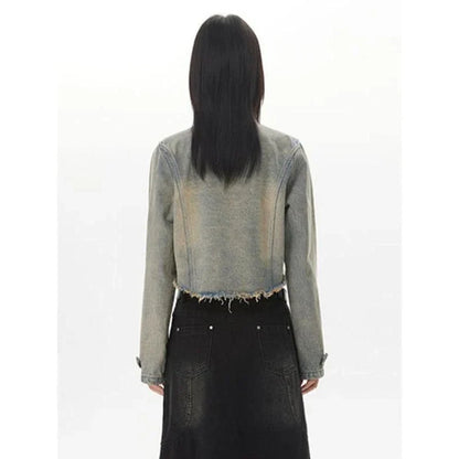 Retro Distressed Short Jacket with fur-trimmed sleeves, zipper closure, and chic O-neck design
