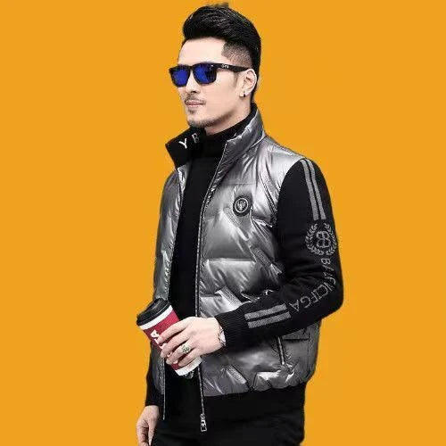 Warm and weatherproof men's down jacket with stand collar and knitted sleeves, made from premium polyester fibre and filled with luxurious duck down