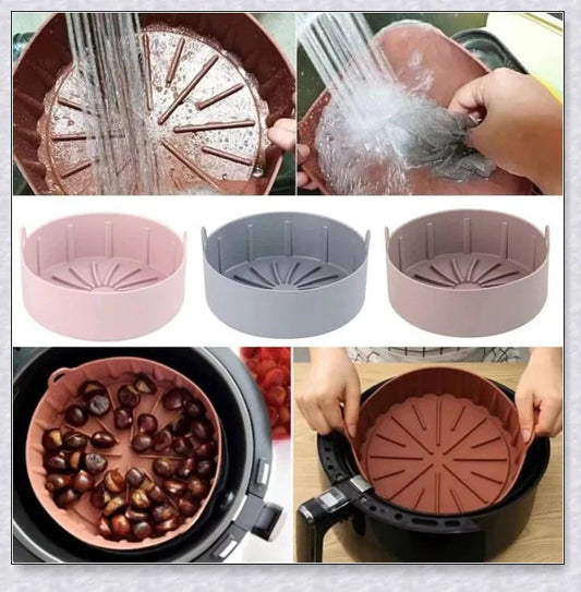 Premium silicone air fryer basket with flexible, non-stick design for easy cleaning and even heat distribution