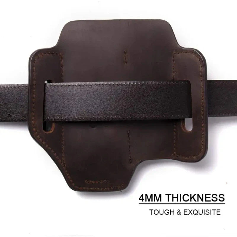 Premium British leather tool carrier with multiple compartments and adjustable strap for hands-free carrying
