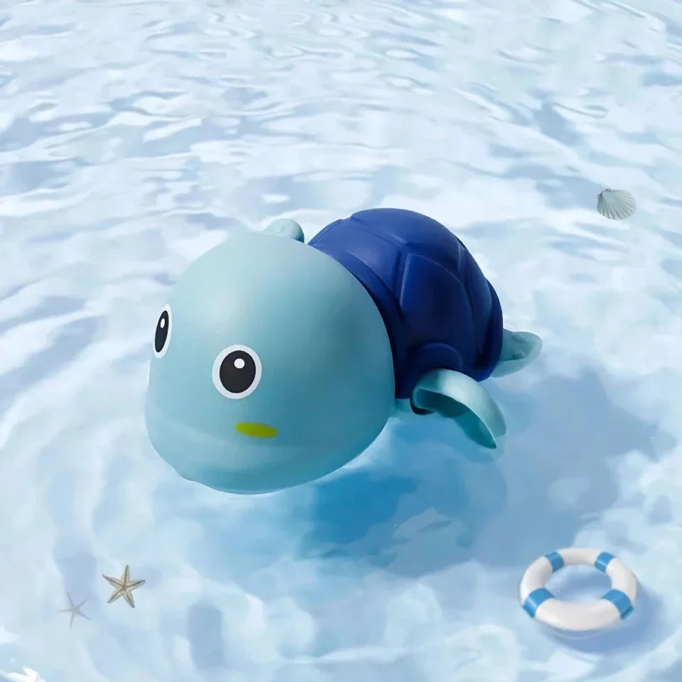 Delightful wind-up bath toys in a red turtle design, floating and moving in the water, providing fun and engaging playtime for children.