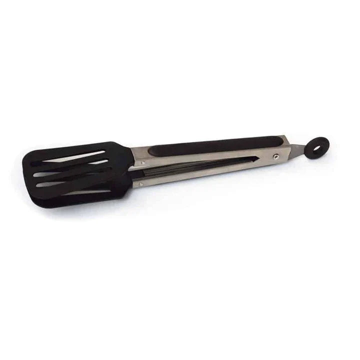 Premium black stainless steel BBQ tongs with a comfortable grip and 27 cm / 10.63 inch length for effortless grilling and food handling