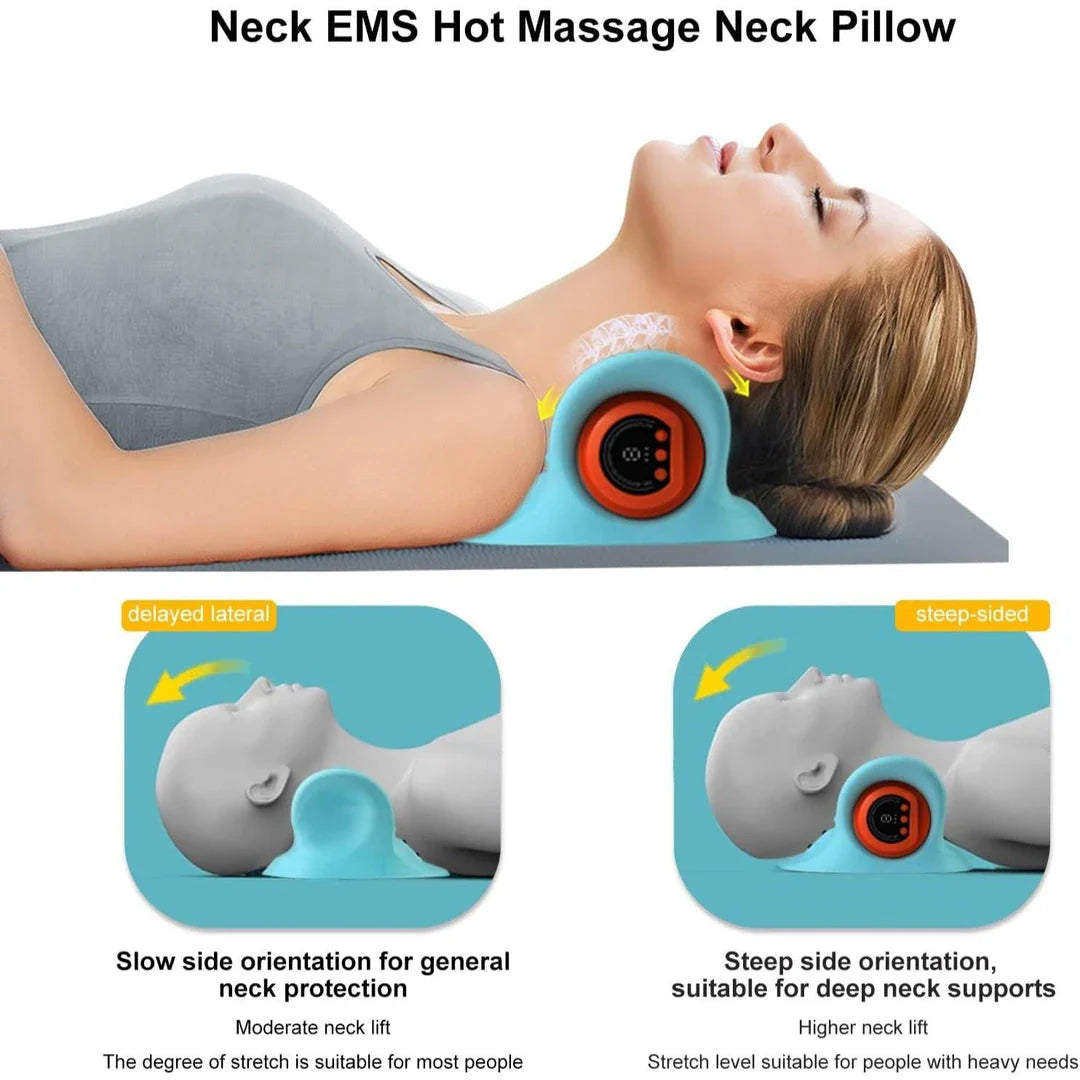 Premium neck stretcher pillow with EMS massage, heat therapy, and cervical traction for relieving neck pain and tension