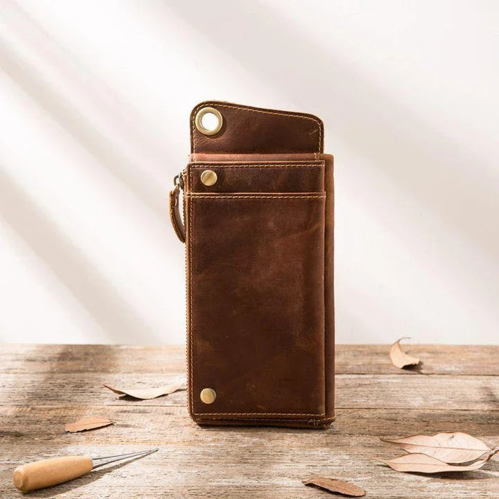 Premium genuine leather zipper phone wallet case in dark brown colour with multiple compartments for organisation