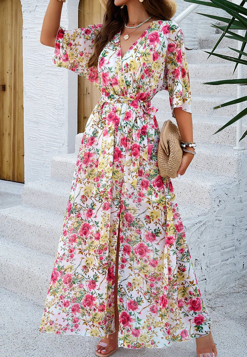 Elegant V-Neck Floral Print Dress with Cinched Waist - Ankle-Length, Stretch Fabric, Versatile Design