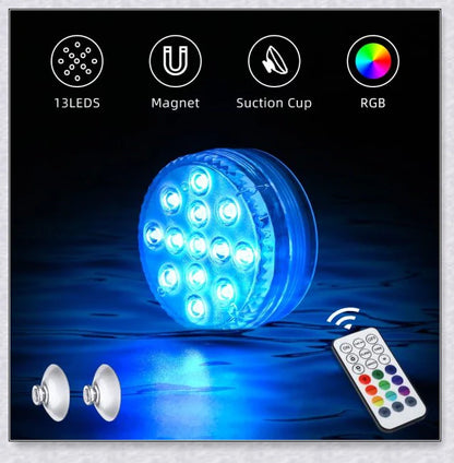 Submersible colour-changing LED pool lights with magnetic and suction cup mounting for easy installation