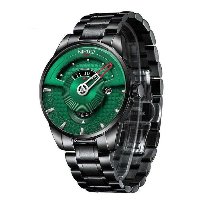Premium gold-black quartz waterproof watch with alloy case and solid steel strap