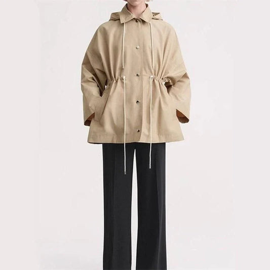 Elegant hooded trench coat in solid colour for middle-aged women, with adjustable drawstring waist and single-breasted closure
