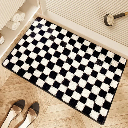 Black and white grid bathroom mat with absorbent and non-slip features for UK homes