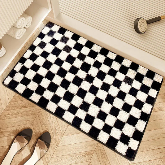 Black and white grid bathroom mat with absorbent and non-slip features for UK homes