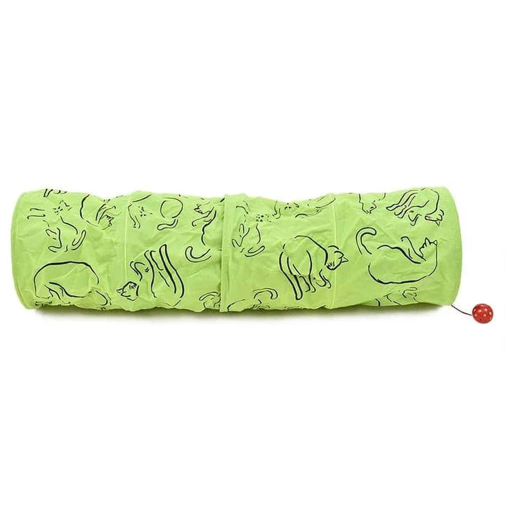 Green nylon cat tunnels with soft cloth material, designed to stimulate a cat's natural curiosity and provide hours of enrichment and entertainment.