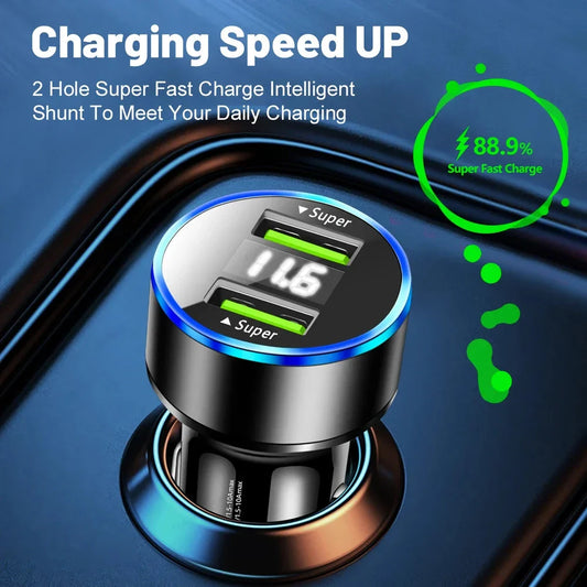 A sleek and durable 240W dual USB car charger with a digital display, perfect for keeping your devices charged on the road.