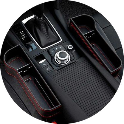 Dual Car Seat Organiser Set with various compartments and storage spaces for keeping car essentials organised