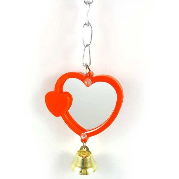Heart-shaped mirror designed for birds, featuring a reflective surface and sturdy acrylic-metal construction for a captivating visual experience.