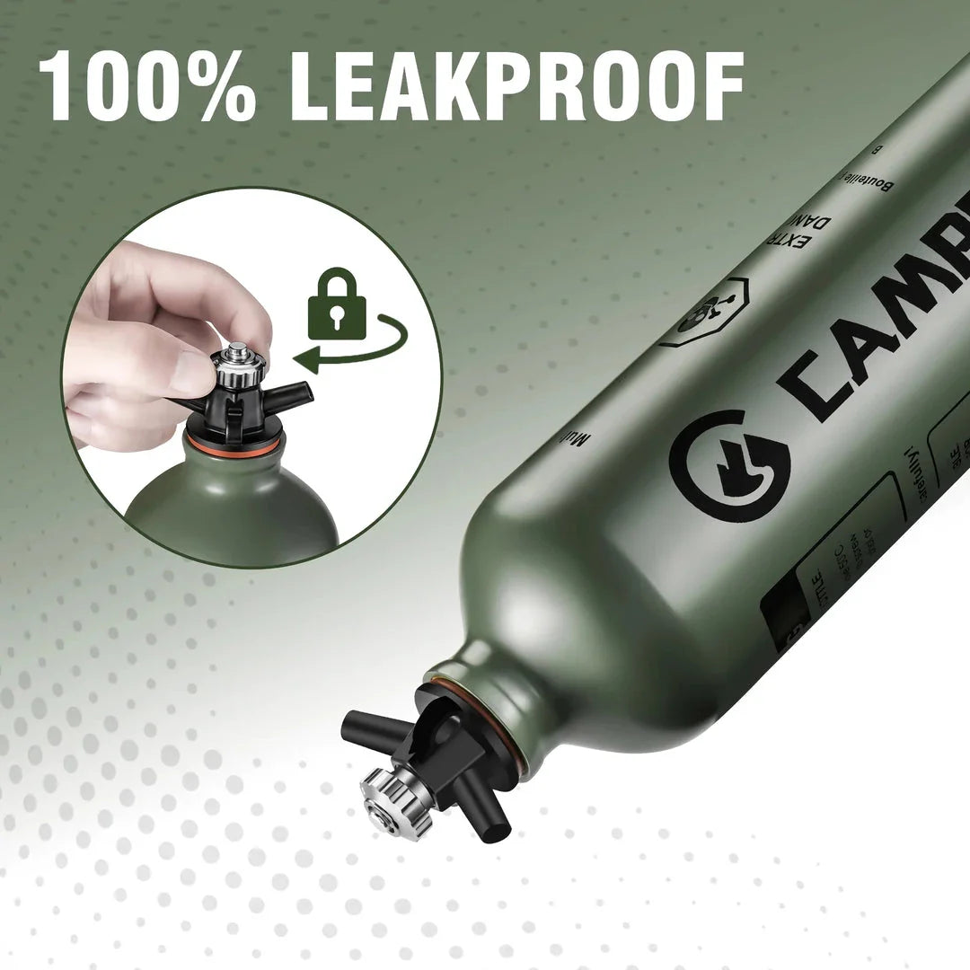 Portable aluminium liquid fuel storage bottle with safety cap and venting pipe, perfect for camping, hiking, and outdoor adventures