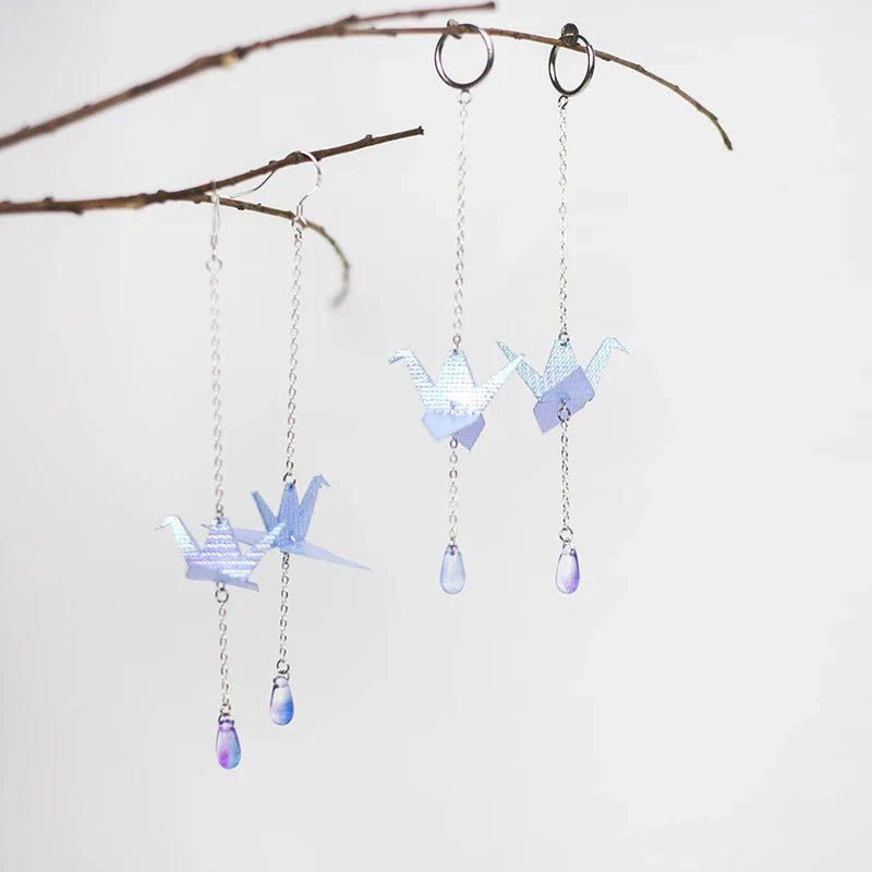 Exquisite handcrafted Thousand Origami Crane Earrings in silver and gold tones, a unique British treasure