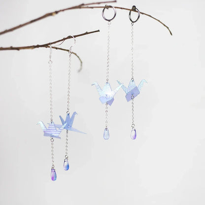 Exquisite handcrafted Thousand Origami Crane Earrings in silver and gold tones, a unique British treasure