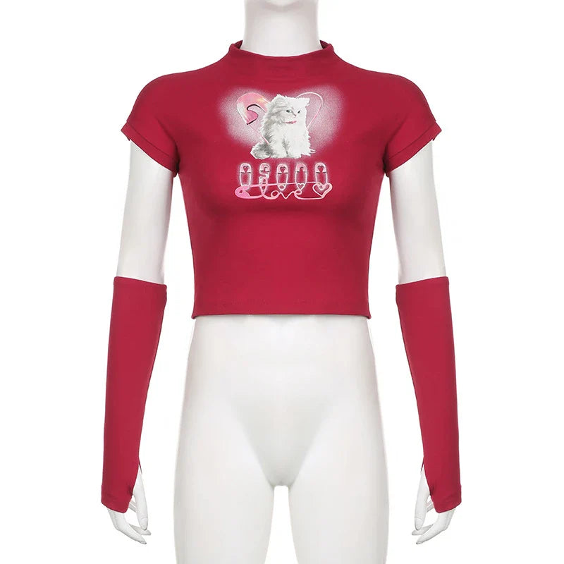 Stylish cropped t-shirt featuring a bold cat print design in a slim, flattering fit for trendy street style