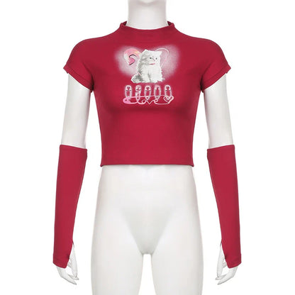 Stylish cropped t-shirt featuring a bold cat print design in a slim, flattering fit for trendy street style