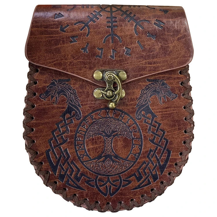 Renaissance-inspired PU leather waist purse with double-dragon and double-wolf design, a stylish accessory for cosplay and photography.