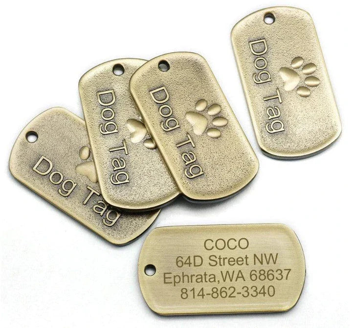 Vintage-style personalized pet ID tag made from durable metal, featuring engraved text for customization and a classic design.