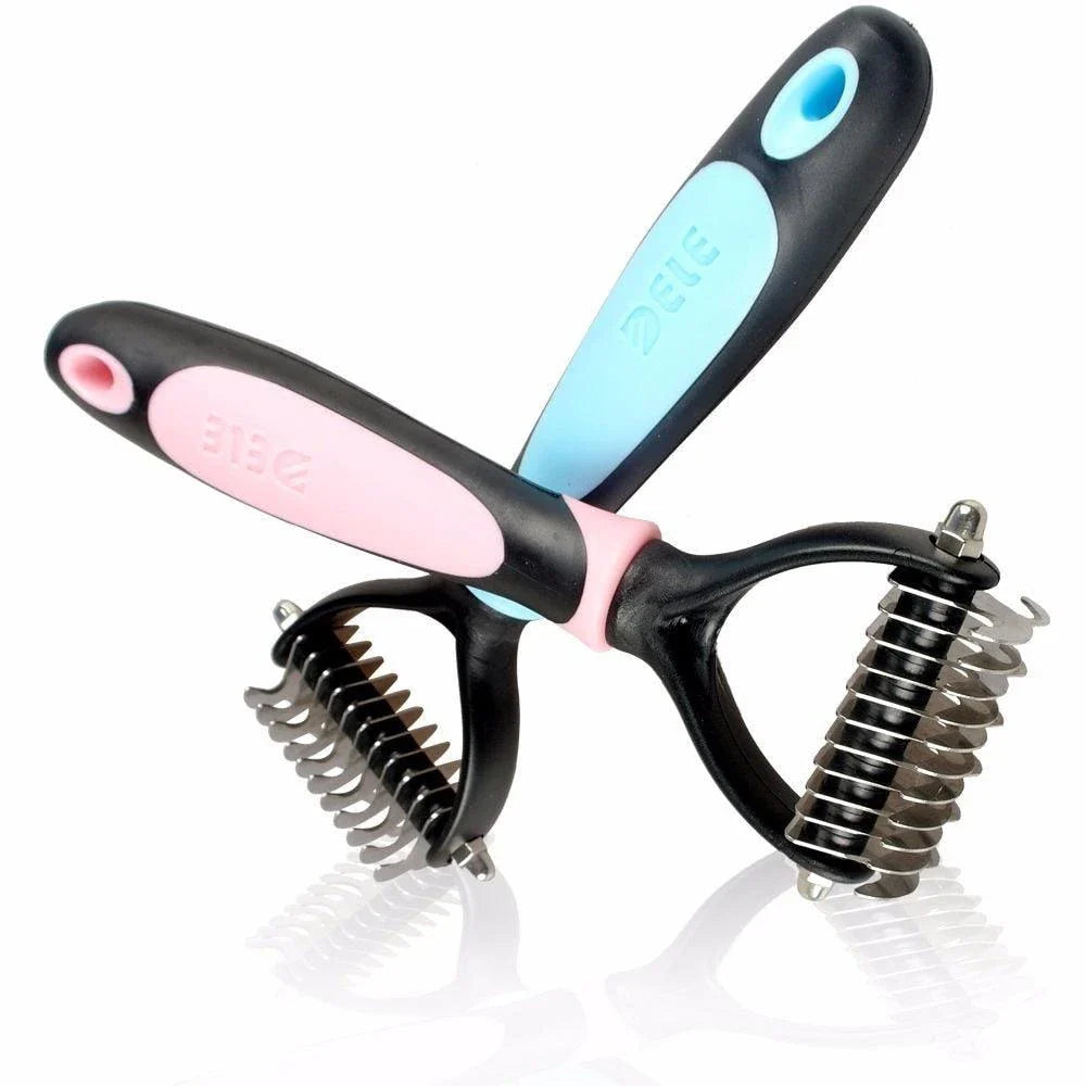 Professional Dog Grooming Comb made with durable stainless steel and comfortable rubber grip for effortless detangling and coat maintenance