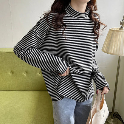 Premium half-high neck striped long-sleeve t-shirt in grey and black, made with high-quality British cotton for ultimate comfort and style.