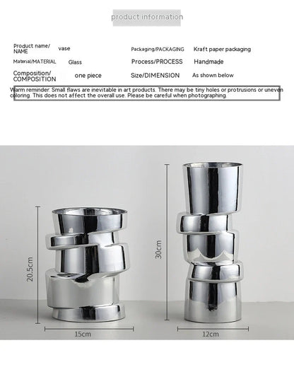 Electroplated silver glass vase with a modern, geometric design for home decor